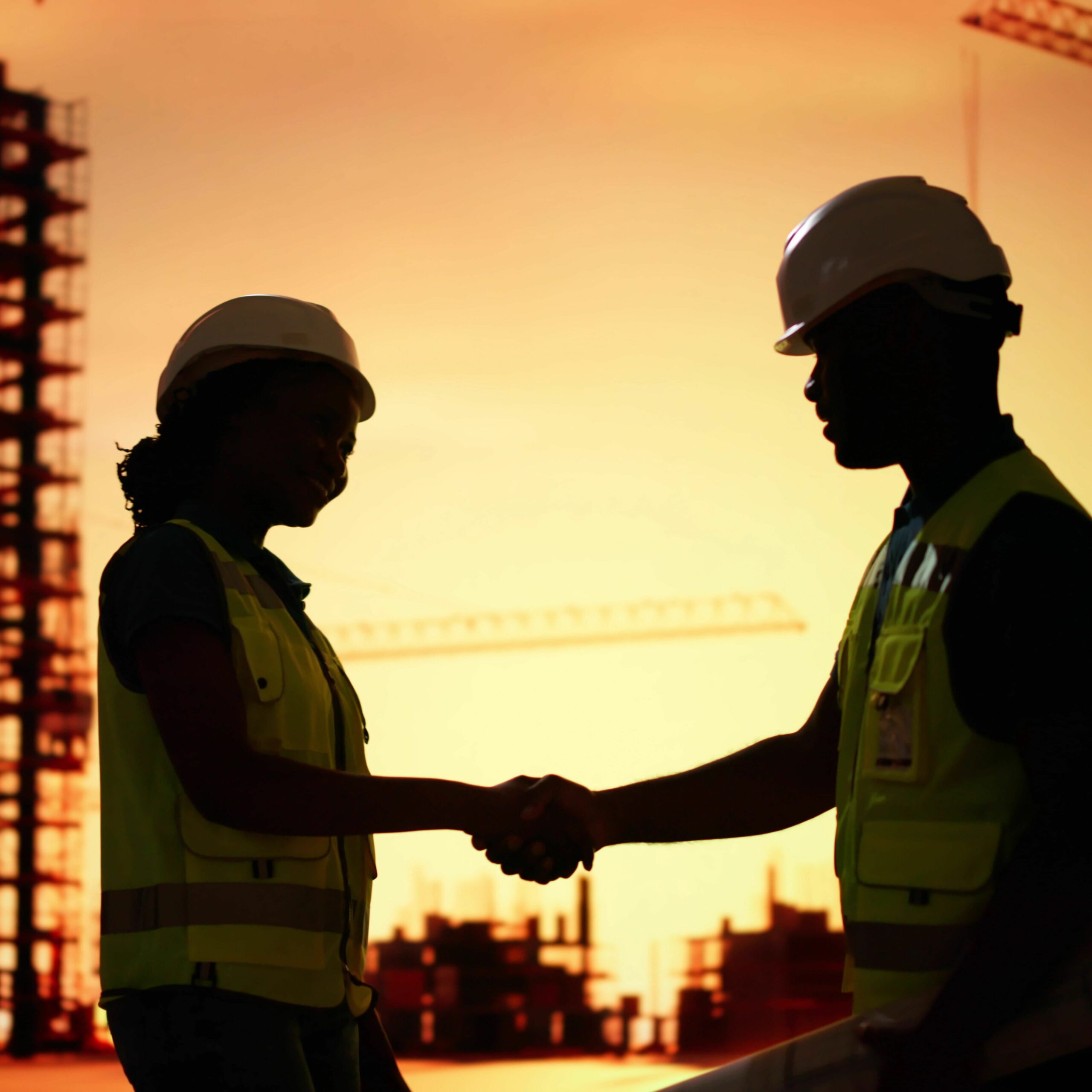 Silhouette Of Two Architects at construction site. Parntership.