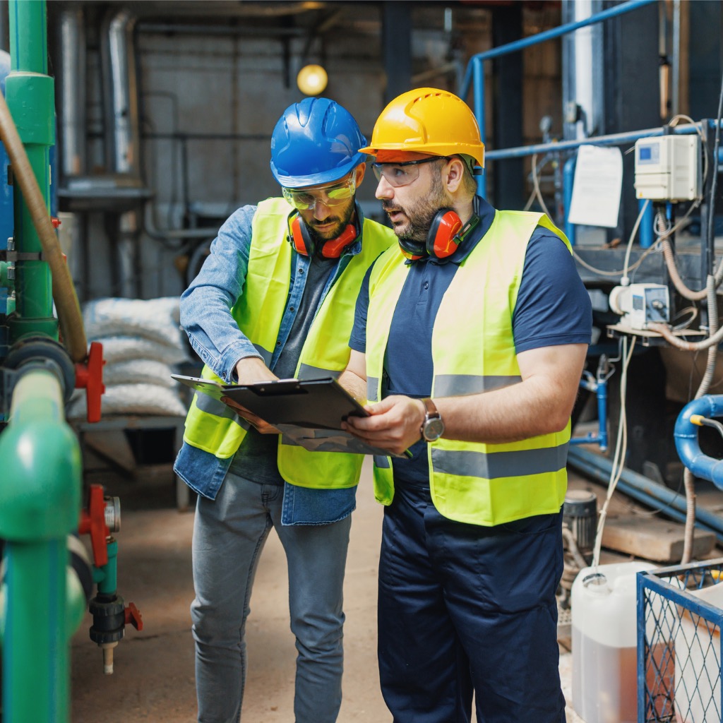 Two men conduction an EPA or DEP compliance audit inspection.